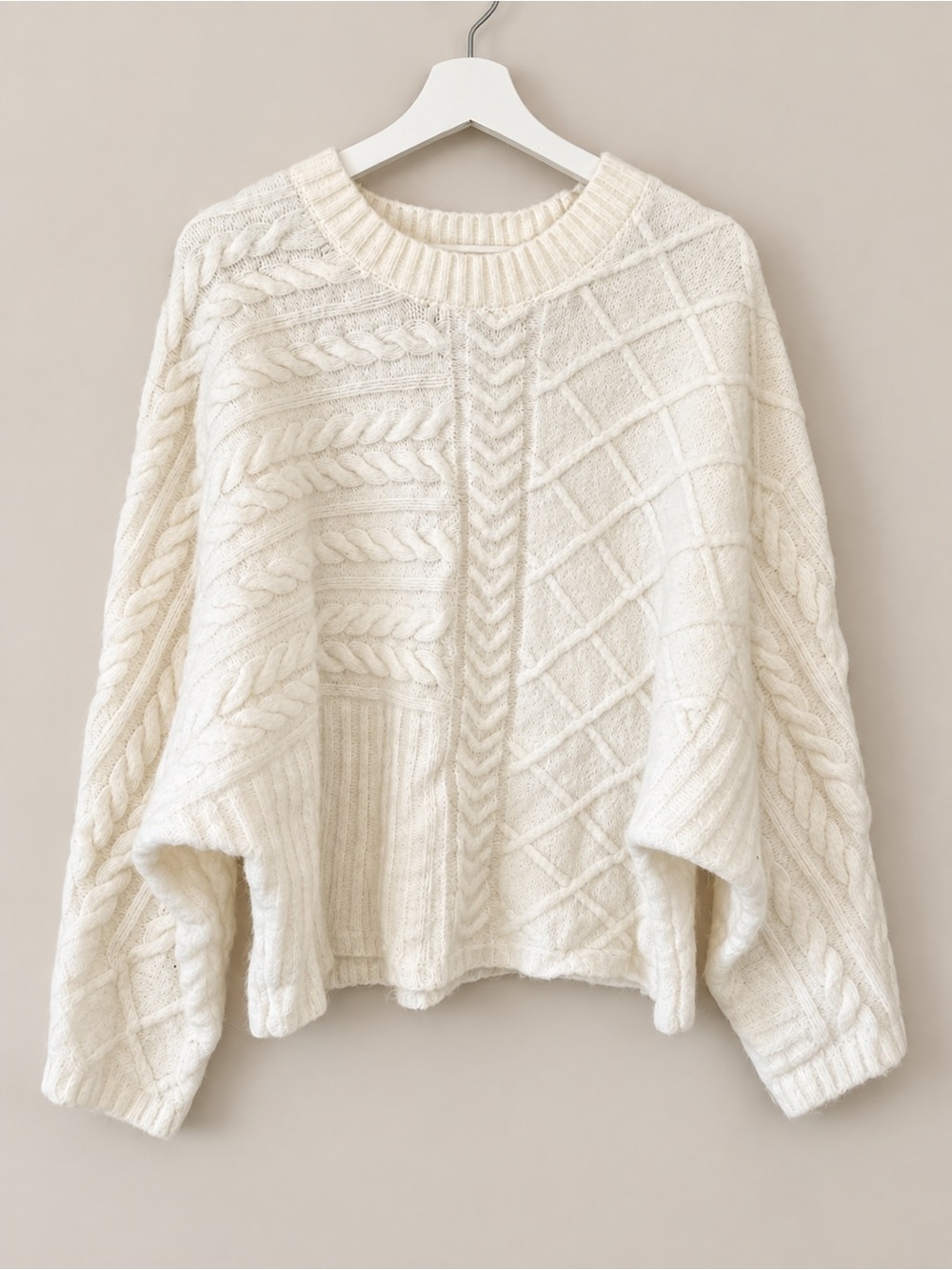 Abercrombie Cozy Cable Knit Patchwork Sweater Cream Ivory L/XL Oversized Fall